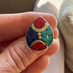 Silver Moroccan Teardrop Ring with Red and Blue Inlay